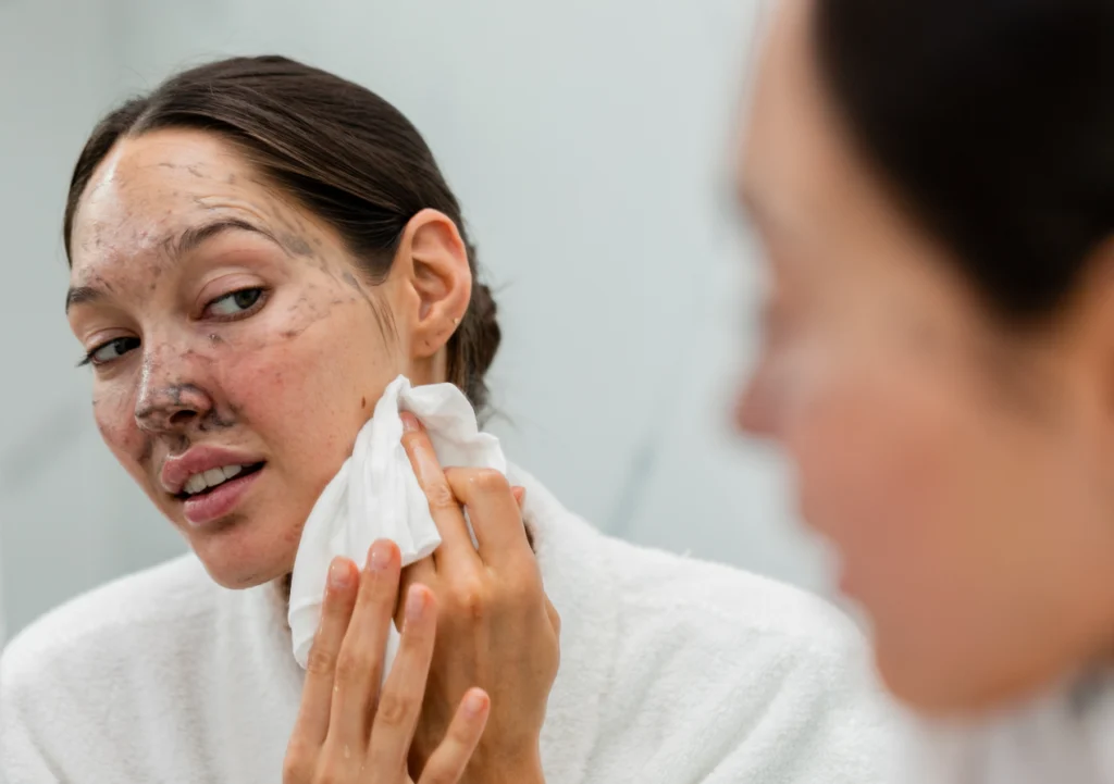 Woman with Black Hair is Removing Black Face Mask